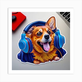 Corgi With Headphones Art Print