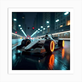 Sleek Formula Car With Glowing Wheels Speeding On A Wet Night City Street 1 Art Print