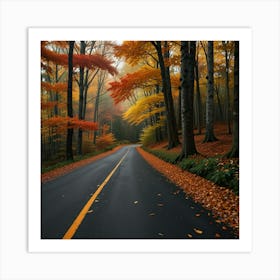 A Winding Road Through A Dense Forest With Autumn Leaves In Vibrant Colors Art Print