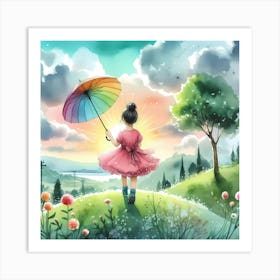 Little Girl With Rainbow Umbrella 1 Art Print