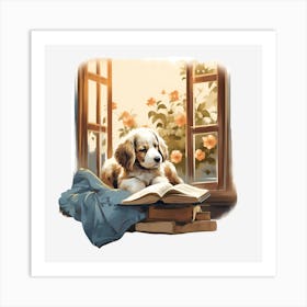 Puppy Reading A Book Art Print