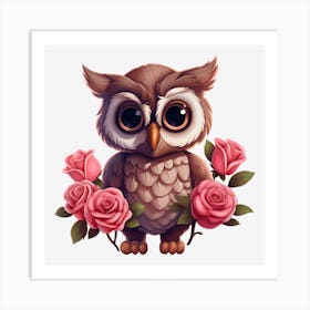 Owl With Roses 3 Art Print