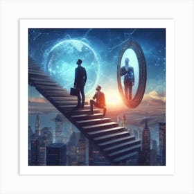 Two Businessmen Standing On Stairs Art Print