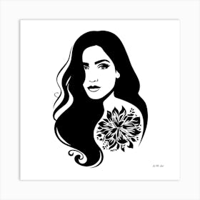 Beautiful Women With A Flower Tatoo - Black And White Minmimalistic Illustration Art Print