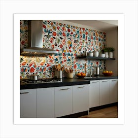 Kitchen With Floral Wallpaper Art Print