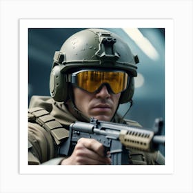 Soldat Forces Sp Ciales Dans Des Lunettes Avec Des Armes Dans Les Mains Sur Fond Futuriste Concept Militaire De L Avenir 1 Art Print