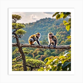 Monkeys On A Tree Branch Art Print