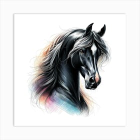 Black Arabian Horse Head Portrait Drawing With Color Accents 1 Art Print