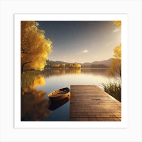 Boat Docked On A Lake Art Print