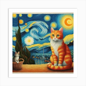 Starry Night With Cats Art Print