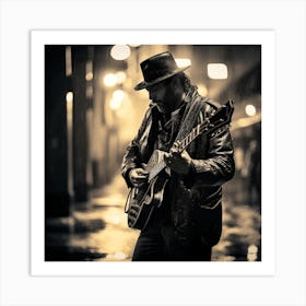 Man Playing Guitar In The Rain 1 Art Print