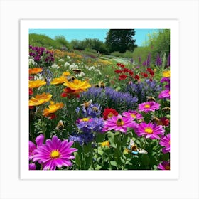 Bees and Butterfly In The Spring Flower Garden Art Print