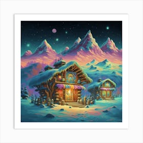 Mountain village snow wooden huts 16 Art Print