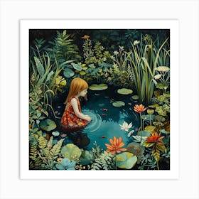 Little Girl In The Garden Pool 1 Art Print