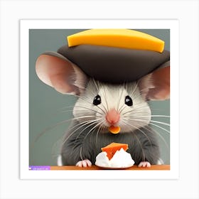 Surrealism Art Print | Mouse With Cheese Pillow On Head Art Print