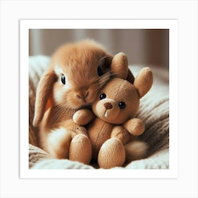 Cute Bunny Hugging Teddy Bear Art Print
