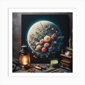 Moon And Flowers Art Print