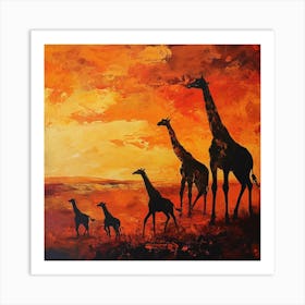 Giraffe Silhouettes In The Sunset 1 Art Print