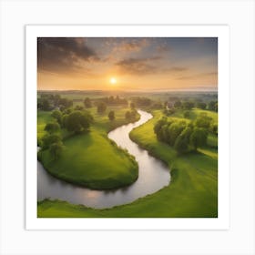 A Scenic Countryside Landscape With Green Meadows, Blooming Trees, And A Winding River Art Print