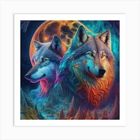 Two Wolves In Front Of The Moon Art Print