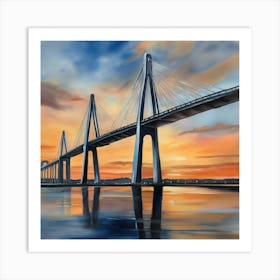 Sunset over the Arthur Ravenel Jr. Bridge in Charleston. Blue water and sunset reflections on the water. Oil colors.9 Art Print
