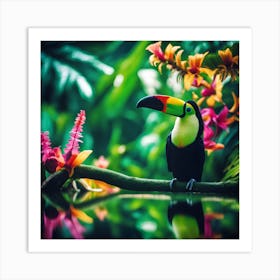 Toucan amongst the Green Leaves and Exotic Flowers of the Rainforest Art Print