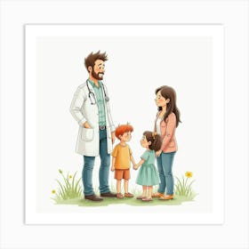 A Watercolor Image Of A Friendly Doctor Talking With A Young Patient And Family 1 Art Print