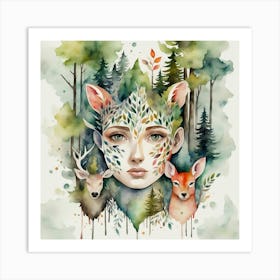 Watercolor Of A Woman And Deer Art Print