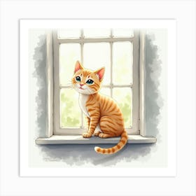 Orange Cat Sitting On Window Sill Art Print