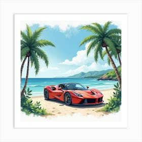 Exotic Sports Car In A Tranquil Tropical Bay, Watercolor Painting 1 Art Print