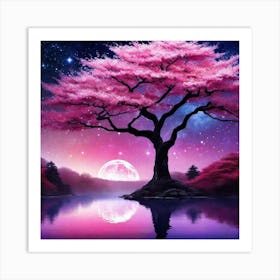 Pink Tree In The Night Sky Art Print