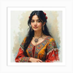 Spanish Woman With Intricate Embroidery, Watercolor With Cultural Patterns 1 Art Print