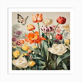 Tulips And Butterflies 2 Art Print