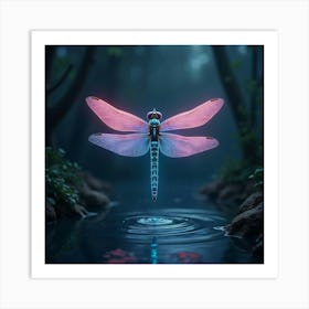 A Dreamy Dragonfly With Wings Of Shimmering, Neon Colors Hovering Over A Mystical Pond 1 Art Print