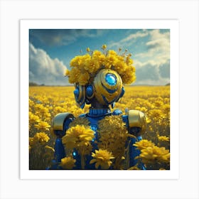 Robot In A Field Of Yellow Flowers Art Print