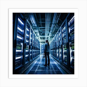 A Large Telecom Datacenter Interior Framed By Numerous Towering Server Racks No Human Presence The (4) Art Print