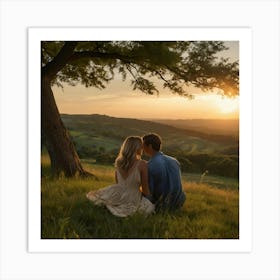 Sunset Couple Sitting Under Tree Art Print