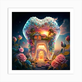 , a house in the shape of giant teeth made of crystal with neon lights and various flowers 5 Art Print