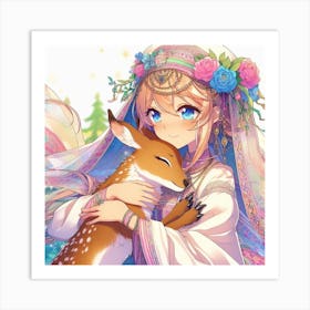 Gorgeous mountain girl hugs deer Art Print