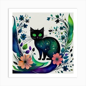 Black Cat With Flowers 3 Art Print