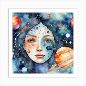 Watercolor Of A Girl With Planets 4 Art Print