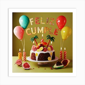 Feliz cumple and Feliz cumpleaños sign means Happy Birthday in Spanish language, Birthday party celebration gift with birthday cake candle colorful balloons best congratulation over light background wall artFeliz Cumple 60 Art Print