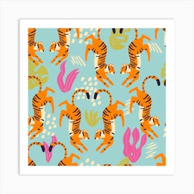 Prancing Tiger Pattern On Blue With Tropical Leaves Square Art Print