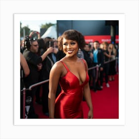 A Black Woman Voluptuous Sexy Wearing Red Latex Dress Long Looking Over Shoulder on the Red Carpet - Created by Midjourney Art Print