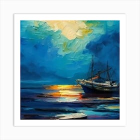 Sunset Boat Painting Art Print