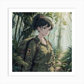 Jungle Expedition: A Green Ponytailed Girl In A Camouflage Jumpsuit Ventures Into The Heart Of The Rainforest Art Print