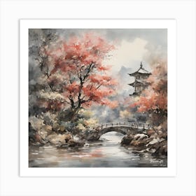 watercolor japanese landscape, soft light,by antoine blanchard and greg rutkowski Art Print