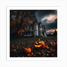 Halloween Pumpkins In Front Of A House Art Print