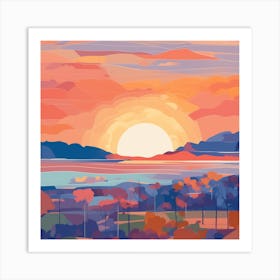 Abstract Water Color Sunset Over The Lake Art Print