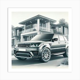 A Pencil Drawing Of A Range Rover Sport In Front Of A Beautiful Modern Mansion Art Print